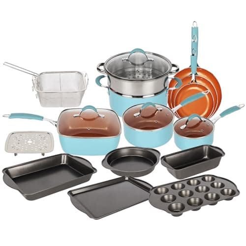 Image of Gr8 Home 19 Piece Induction Cookware Set Non Stick Cooking Pot Frying Pan Steamer Saucepan Kitchenware Bakeware with Lids (Blue and Copper)