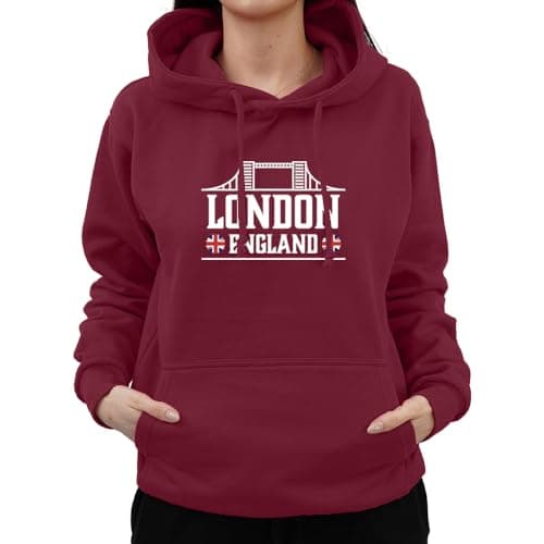 Image of Graphic Impact Union Jack London Hoodie England Souvenir Novelty British Flag I Love London Novelty Personalised Funny Custom Adults and Kids Hoodies Unisex Mens Womens Kids(XXL,Wine)