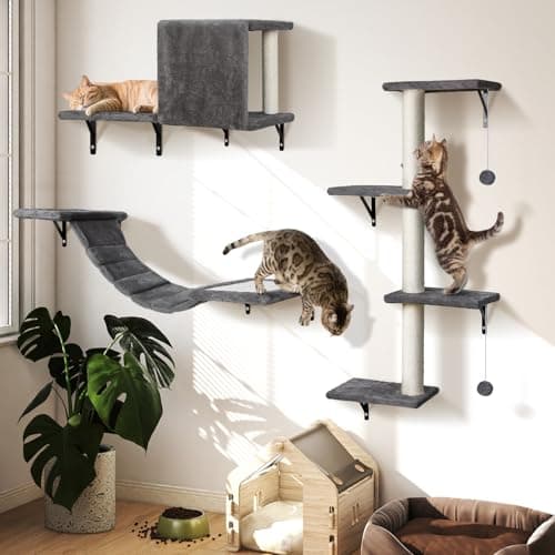 Image of OZD Cat Shelves, Sturdy Cat Wall Climbing Set for Indoor Cats, Multi-Functional 4-in-1 Cat Wall Furniture with Scratching Posts & Lounging Perches, Grey, Holds Up to 10kg