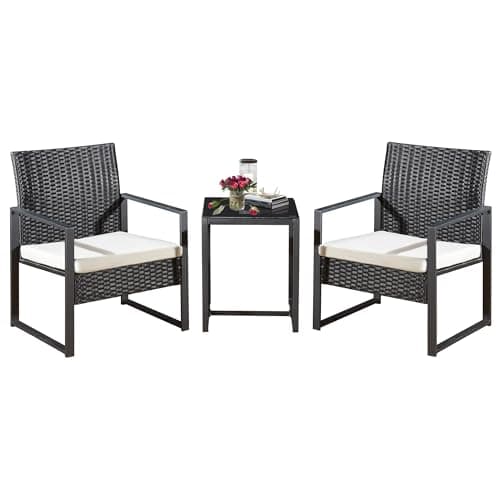 Image of Yaangagpe 3 PCS Rattan Garden Furniture Set, White Cushioned Bistro Set with Coffee Table & 2 Chairs, Outdoor Patio Furniture for Garden, Balcony, Poolside