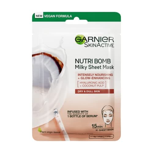 Image of Garnier Nutri Bomb Milky Sheet Face Mask, With Coconut and Hyaluronic Acid for Hydrated Glowing Skin, Intensely Nourishing & Restoring, Cruelty Free & Vegan Tissue Mask, 28g