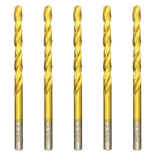 Image of Hilpaty HSS-TiN Drill Bit 5.5mm x 93mm x 5pcs Titanium Coated Twist Drill Bits for Metal, Stainless Steel, Non Ferrous, Cast Iron, Wood