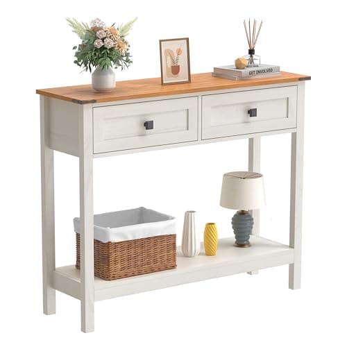 Image of Trironsun Farmhouse Console Table with 2 Drawers for Entryway Rustic Hallway Table with Wooden Frame and Open Storage Shelf Sofa Table for Bedroom or Living Room (Antique white)