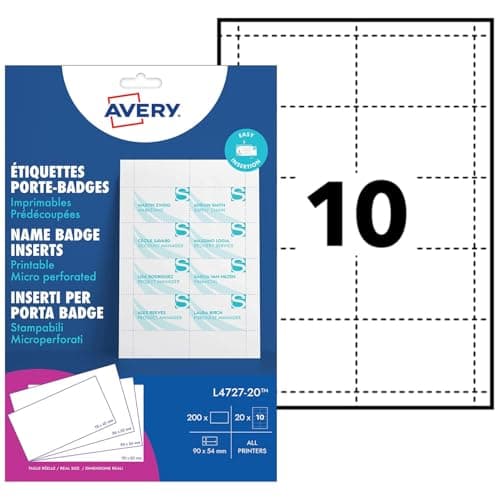 Image of Avery L4727-20 Printable Name Badge Insert Refills – 90 x 54 mm, White, Pack of 200 Inserts
