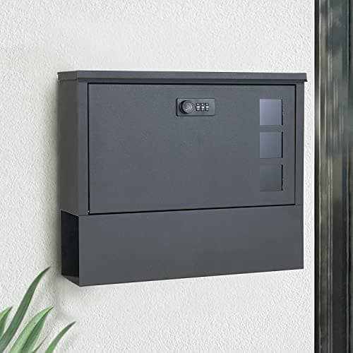 Image of MAITTON Letter Box with Combination Lock - Black Wall-Mounted Mailbox with Newspaper Holder, Stainless Steel, Modern Post Box with Viewing Window, Lockable