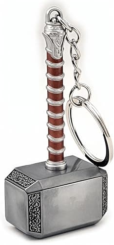 Image of LizMatech Thor Hammer Marvelous Mjolnir Keyring Fits Perfectly With Characters and Toys Exclusive Single Piece Solid & Impossible To Snap (Silver & Brown)