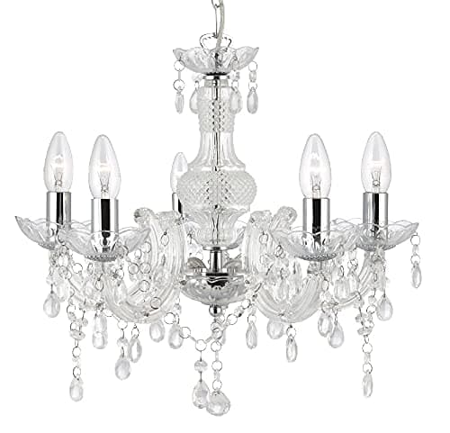 Image of Britalia Clear & Chrome 5 Lamp Traditional Chandelier Pendant Ceiling Light | 48cm Diameter | 5 x E14 SES Lamp Bulbs Required (Not Included) | Vintage Retro Design