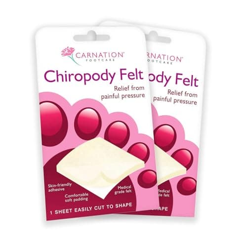 Image of Carnation Chiropody Felt, Ideal for Relieving Pressure and Friction on Heels, Balls of feet, Arches and Tops of feet. Cut to Shape. Sheet Measures 11.5cm x 7.5cm. Twin Pack