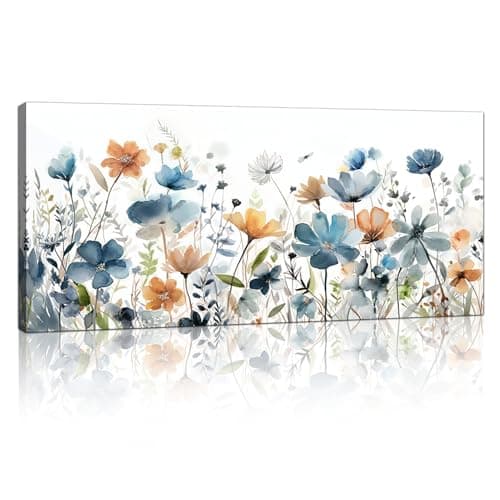 Image of FajerminArt Large Framed Canvas Wall Art Watercolor Navy Blue Wildflowers Painting on Canvas Printed Picture Poster Wall Art for Living Room Bedroom Wall Decor Ready To Hang 20"x48"/ 120cm x 50cm