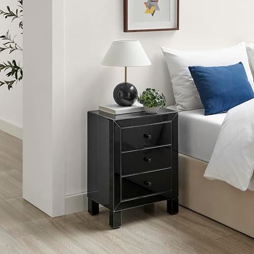 Image of Furniturebox UK Lexi Contemporary Black Mirrored Bedside Table Side Table Bedroom Cabinet Modern 3 Drawer Reflective Stylish Compact Bedroom Furniture