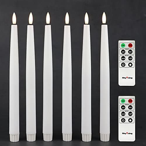 Image of Rhytsing 29cm Flameless Taper Candles with Timer, Battery Operated Dinner Table Long Candlestick Rustic Wax, Warm White LED, 2 Remotes Included - Set of 6 (White)