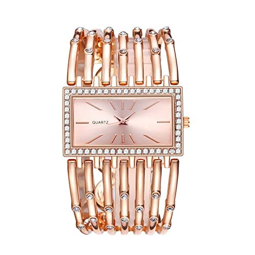Image of Trendy Rhinestone Ladies Steel Bracelet Watch Fashion Europe And The United States Style Quartz Square Female Watch Stretch Watch (Rose Gold, One Size)