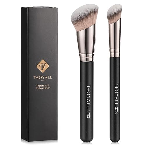 Image of TEOYALL Foundation Contour Brush Set, 2PCS Angled Synthetic Kabuki Brush for Blending Setting Concealing Buffing with Liquid, Cream and Powder Cosmetic