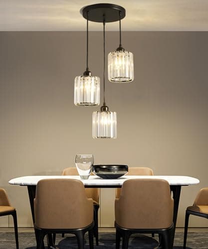 Image of Crystal Pendant Lights Black 3 Lights Cluster Ceiling,Modern Hanging Light Fixture for Kitchen Island,Adjustable Round Chandelier for Farmhouse,Dining Room,Foyer,Living Room with LED Bulb (3 Light)