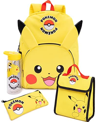 Image of Pokemon Backpack for Kids | Pikachu Merchandise Girls Boys Pokeball 3D Ears School Rucksack, Pencil Case, Water Bottle