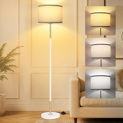 Image of OUTON Modern Floor Lamp, 3000K-6500K Adjustable Color Temperature, Memory Function, Standing Lamp with Linen Shade for Living Room, Bedroom, Office (White)