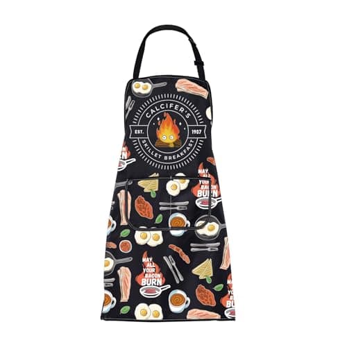 Image of MEIKIUP Calcifer Apron Japanese Anime Gifts for Cartoon Lovers Fans Calcifer's Skillet Breakfast Aprons Fire Demon Flame Gift (Cal Apron-UK)
