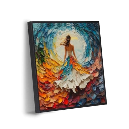 Image of Yikenjoy 12x12 Framed Textured Canvas Wall Art, Abstract Woman in Colorful Flowing Dress Painting, Raised Texture Modern Wall Decor, Black Aluminum Frame, Ready to Hang