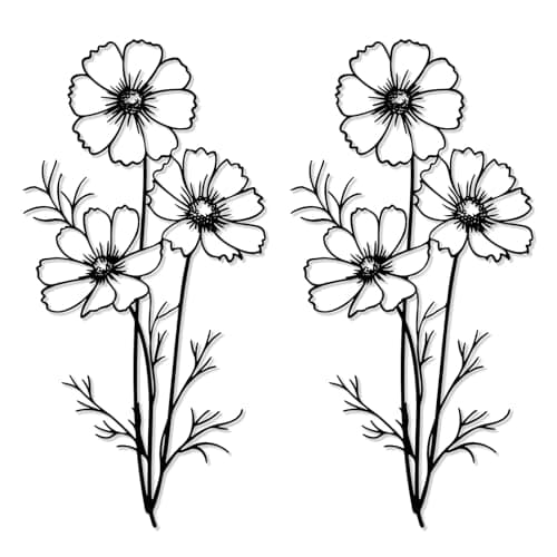 Image of DETENE 2 PCS Black Line Metal Flowers Wall Art Decor, 43x21CM Modern Floral Wall Hanging Sculpture for Outdoor Garden Fence Patio Living Room Bedroom Home Wall Decoration (black)
