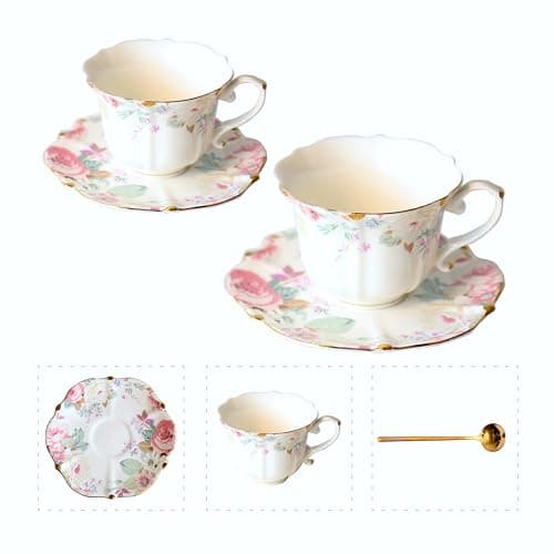 Image of POWDONUNT Vintage Floral Porcelain Tea Cup and Saucer Set with Spoon, Gold Trim, 6.4 oz – Set of 2, Pink – Tea &Espresso & Coffee Cups(2, Pink)