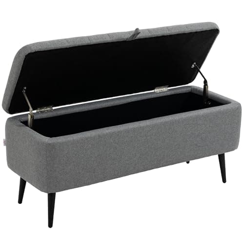 Image of HOMCOM Storage Ottoman with Flip Top, Rectangular Upholstered Bench, Linen Look Fabric Footstool with Steel Legs for Living Room, Bedroom, Grey
