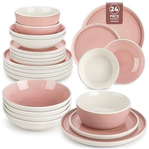 Image of vancasso ELBA 24 Piece Dinner Set for 6, Durable Stoneware Plates and Bowls for Everyday Meals, Pink Reactive Glaze Set with Dinner Plates, Dessert Plates & Cereal Bowls, Microwave & Dishwasher Safe