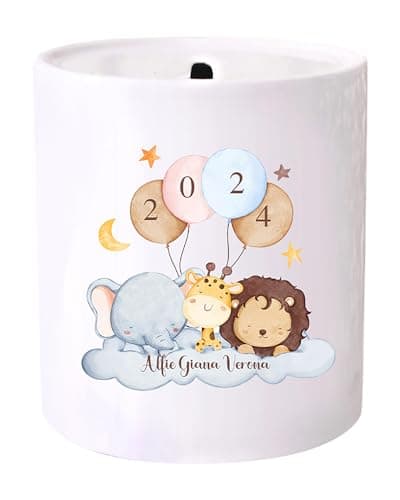 Image of Personalised Baby Money Box Ceramic Custom Keepsake Unisex Jungle Design, Baby Girl Boy Gift First Birthday My 1st Money Box Birth Details Front and Back