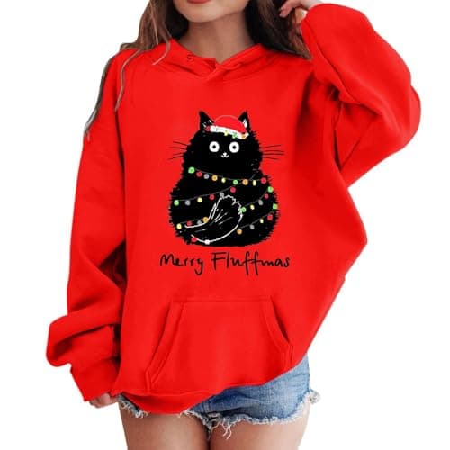 Image of Christmas Jumpers Kids Cute Cat Graphic Print Girls Christmas Hoodie Long Sleeve Hooded Xmas Party Sweater Winter Casual Holiday Hoodies Xmas Clothes Red