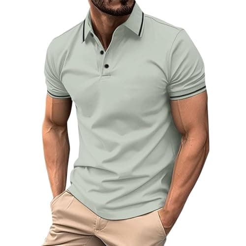 Image of Golf Polo Shirts for Men Summer Short Sleeve Casual Button Down Lapel Golf Tees Solid Color Pirinted Collar Sport Running Tshirt Lightweight Comfy Daily Classic Basic Breathable Gym Tshirts Grey