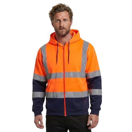 Image of Hi Vis Viz Zip Hoodie Fleece Jacket Men Full Zip High Visibility Workwear Sweatshirt Reflective Tape Safety Hooded Jumper Orange Navy 5XL