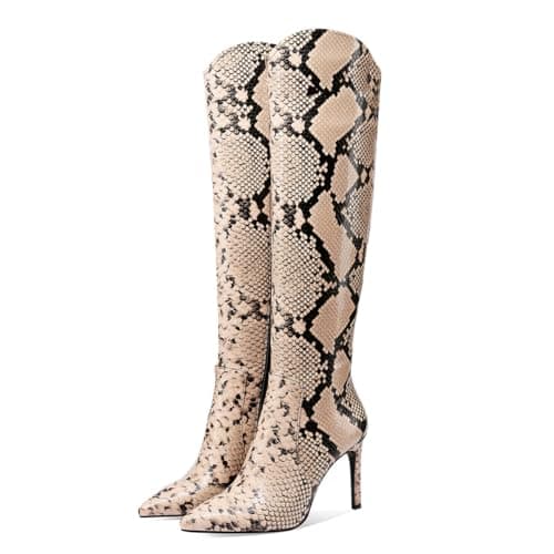 Image of JANSEVEN Snakeskin Knee High Boots for Women Snake Skin Tall Boot with Stiletto High Heel Python Print Pointed Toe Fashion Boots Side Zipper, Nude, 7 UK