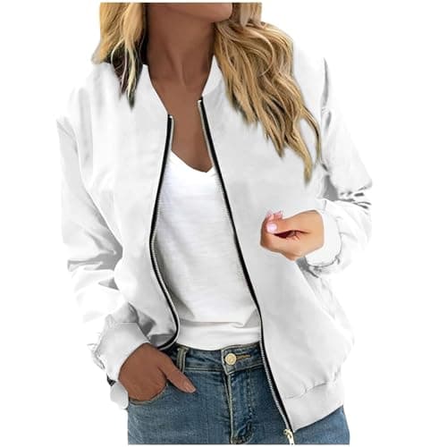 Image of Generisch Women's Casual Floral Zip Up Jacket Spring Long Sleeve Coat Stand Lightweight Short Outwear Tops, White, M