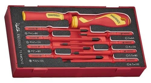 Image of Teng Tools 10 Piece 1000 Volt Insulated Interchangeable Screwdriver Blade & Handle EVA Foam Set - TEAMDV10
