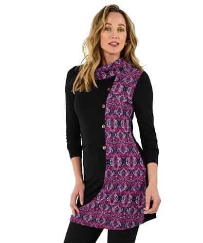Image of Joe Browns Women's Button Detail Floral Jacquard Cowl-Neck Tunic Top, Regular, Black, UK 8