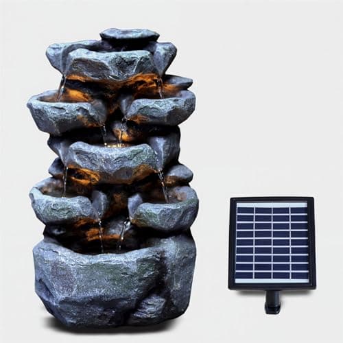 Image of GEEZY Solar Water Features for the Garden – Outdoor Rock Design Fountain with LED Lights – Solar Powered, Self-Contained – Easy Setup, Cascading & Tranquil – Ideal for Garden, Patio & Balcony Décor