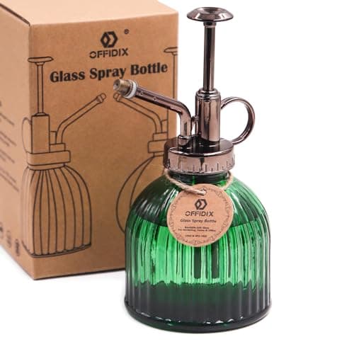 Image of OFFIDIX Glass Watering Spray Bottle, Vintage Style Plant Mist with Bronze Plastic Top Pump Glass Watering Can for Gardening (Dark Green)