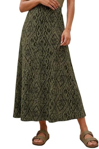 Image of Roman Jersey Skirt for Women UK - Ladies Midi Maxi Floral Animal Print Autumn Winter Swing Smart Casual Office Cocktail Party Going Out Evening Holiday Cruise - Khaki - Size 14