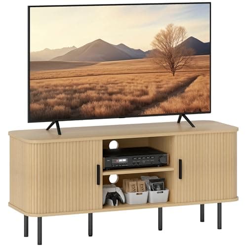 Image of HOMCOM TV Stand Cabinet for TVs up to 55 Inches, TV Unit with Storage Shelves and Cupboard for Living Room, Oak Tone