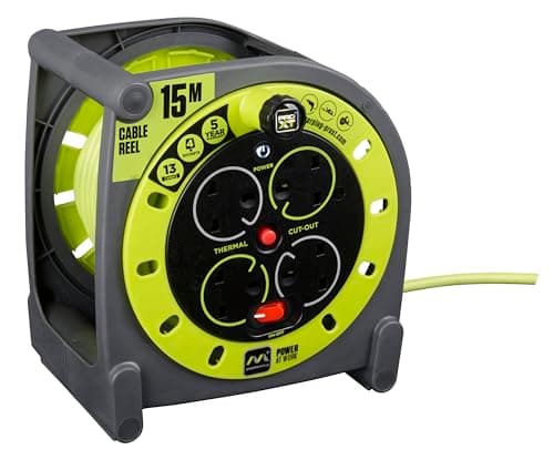 Image of Masterplug Four Socket, 15 Metre Premium Case Reel, Medium Power Cable Extension Reel, Thermal Cut-Out & Power Indicator, Heavy Duty, Pro-XT, Grey/Green, 13A, 4G, 15m, HMU15134SL