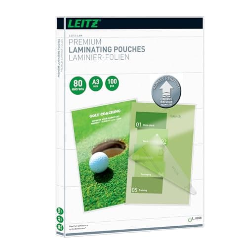 Image of Leitz 74850000 Laminating Pouches Made of 80 Micron Thick Material (Transparent, Glossy, A3 and UDT), Pack of 100