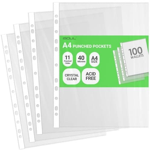 Image of iSOUL A4 Plastic Value Punched Punch Pockets, 11 Hole Heavy Duty File Binder Pockets, 40 Micron Punched Pockets for Documents Folders Filling Plastic Wallets 100 Sleeves