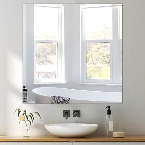 Image of DRERIO 50cm Wall Mirror HD Self Adhesive Glass Mirror Square, Large 20'' Makeup Frameless Square Adhesive Tile Glass Mirrors, for Bathroom Living Room Entryway Hallway Dressing Table