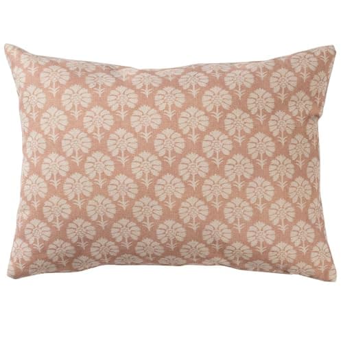 Image of Linen Loft Wildflower Boudoir Cushion in Soft Pink. Block-Print Floral, Blossoms and Botanical Design, Multicoloured. 17x12 Rectangle Cushion Cover