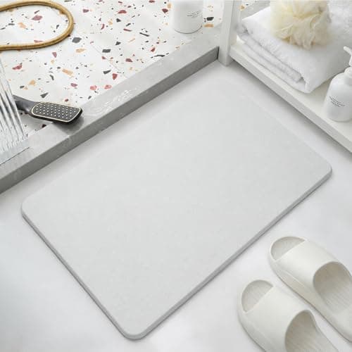 Image of Topzywlc Stone Bath Mat Diatomite Quick Dry Bath Mat Non Slip Anti Mould Absorbent Magic Mat for Bathroom Floor Comes with Non-slip Pad and Sandpaper (White, 39 * 60 * 0.9cm)