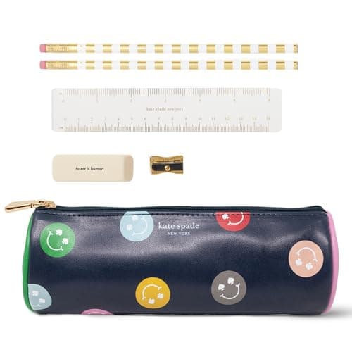 Image of kate spade new york Pen and Pencil Case with Office Supplies, Zip Pouch Includes 2 Pencils, Sharpener, Eraser, and Ruler (Spade Smiley)
