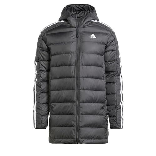 Image of adidas Men's Essentials 3-Stripes Light Down Hooded Parka, Black, S