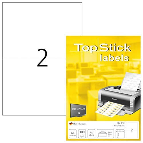 Image of TopStick 8718 Multi-Purpose Labels, 2 Labels Per A4 Sheet, 210 x 148 mm, 200 Labels, Self Adhesive, Large Stickers for Laser and Inkjet Printers, White
