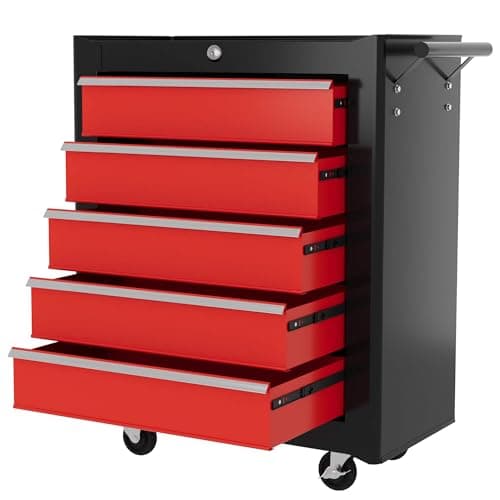 Image of HOMCOM Steel 5-Drawer Tool Storage Cabinet Lockable with Wheels Handle 2 Keys Garage Equipment Trolley Home Work DIY Workshop Chest Red