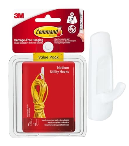 Image of Command Utility Hooks, Medium, 6 Hooks in White and 12 Adhesive Strips - Damage Free Hanging - Holds up to 1.3kg