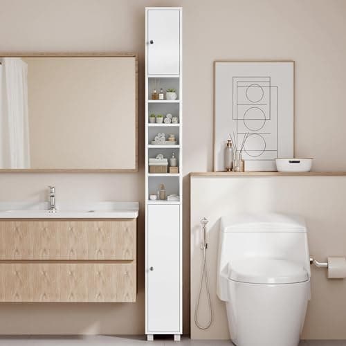 Image of Yaheetech Tall Bathroom Storage Cabinet with 6 Adjustable Shelves, Slim Narrow Corner Unit Freestanding for Living Room Kitchen Small Spaces, White